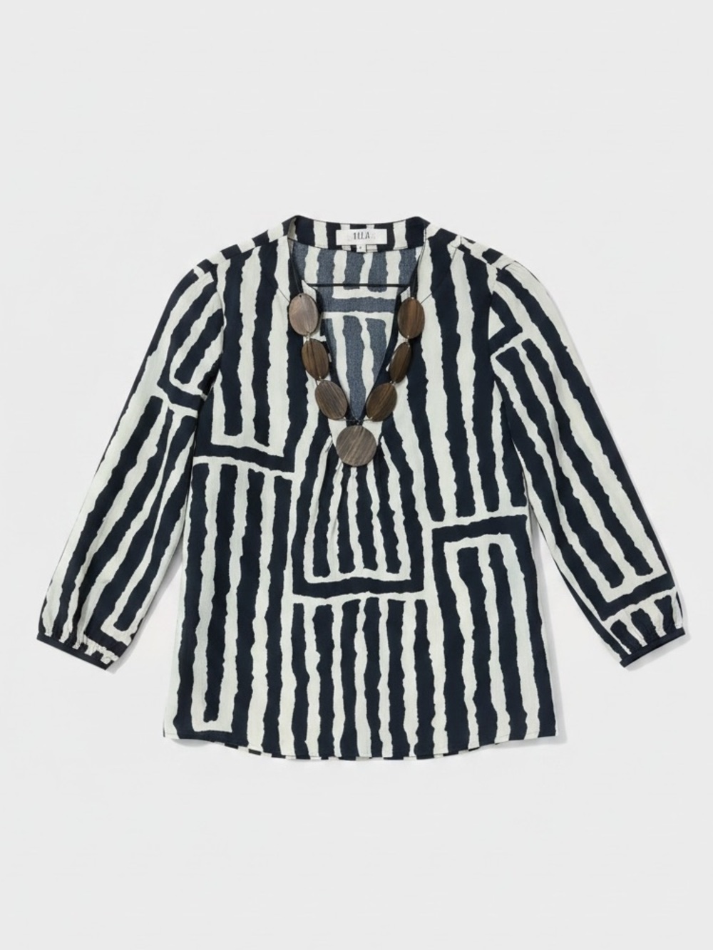 Tibi Tribal Print Wooden Beaded Embellished 3/4 Sleeve Pullover Top Size 0/XS